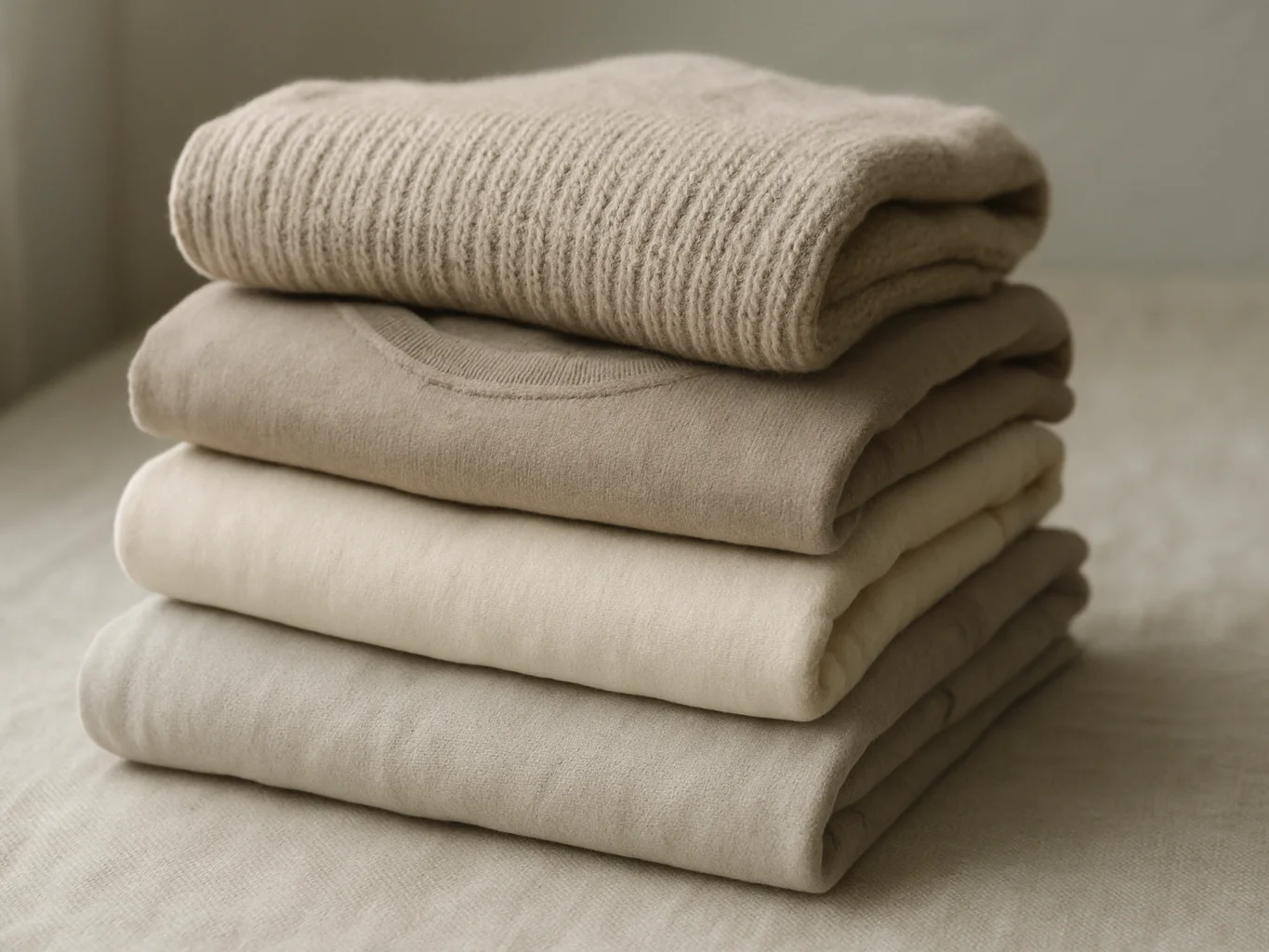 Folded wardrobe garments on a neutral linen surface, soft natural daylight from a window, tactile knit and cotton textur