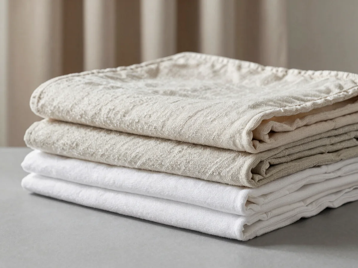 Heavy cotton bedding and folded curtain fabric stacked on a muted grey table, soft even daylight, gentle contrast, tacti
