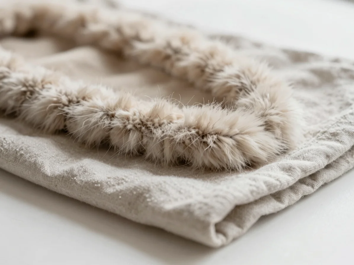 Close detail of a soft fur collar resting on a folded neutral cloth, soft natural daylight, tactile fibers in focus, sha
